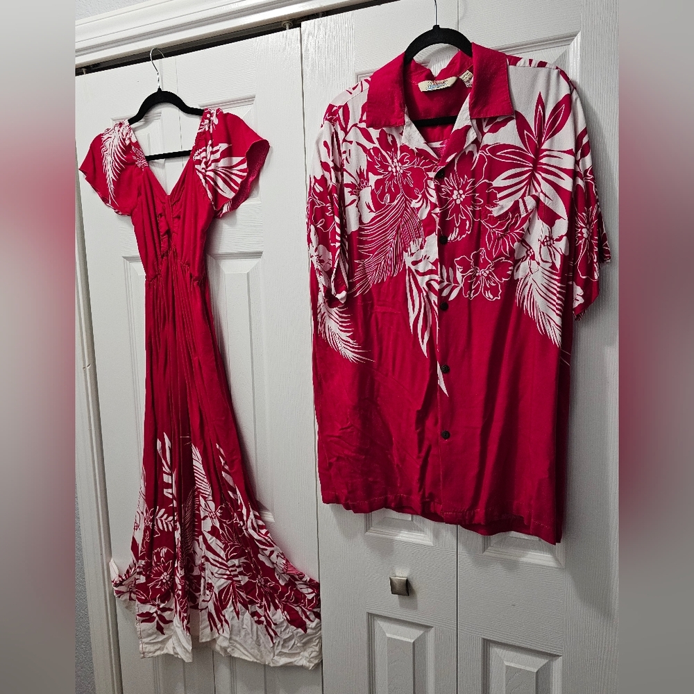 Matching Womens & Mens Dress In Floral Red and White.